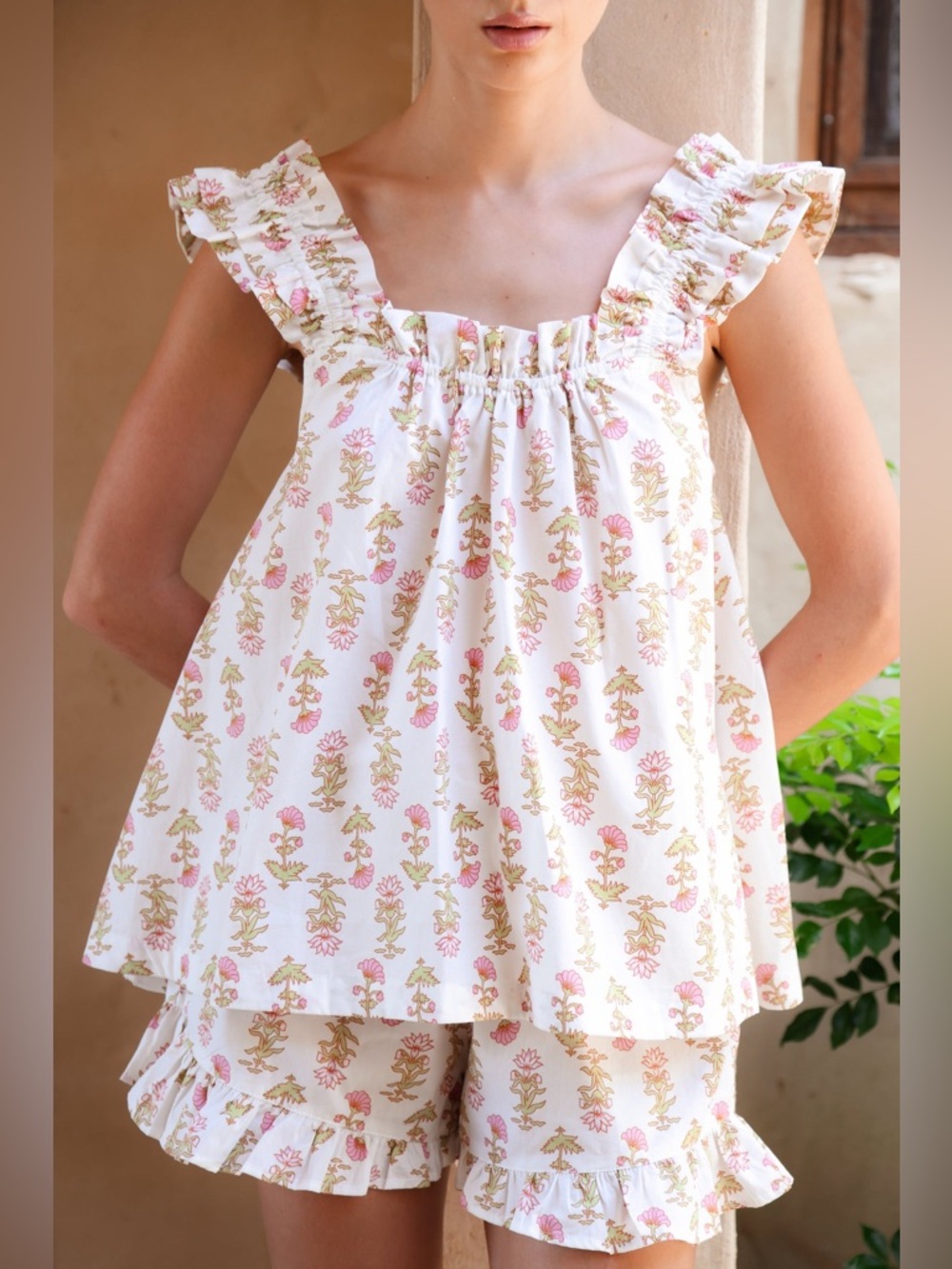 Piyama Nicolette Cotton Sleep Set Lotus Flower Print Pajamas Size Small